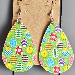 Easter Egg Chick Earrings Faux Leather Green Teardrop  2.89" Dangle Lightweight